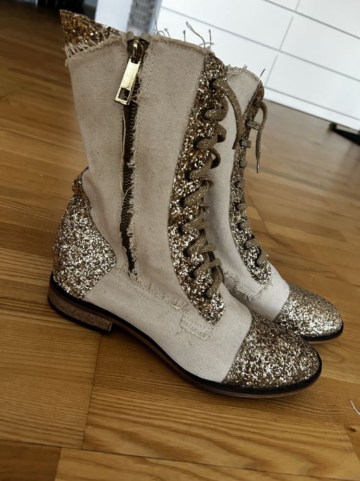 Buty botki złote len z brokatem