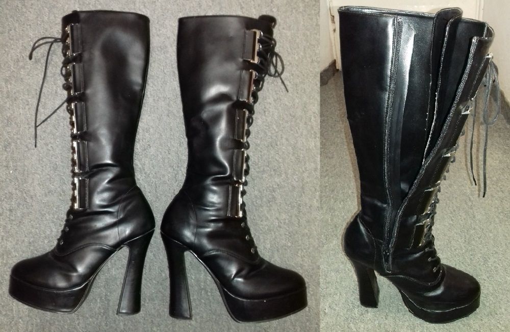 Buty damskie, czarne kozaki, obcas, koturn - jak dla dominy :-)