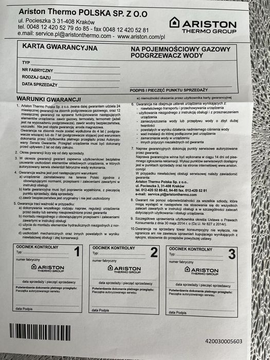 Gazowy podgrzewacz wody Ariston 80 l.