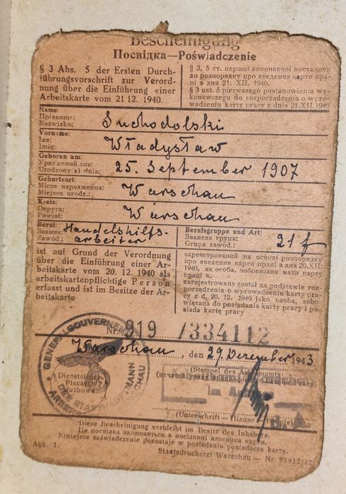 Oryginalny dokument z II wojny światowej – karta pracy, Warszawa 1943
