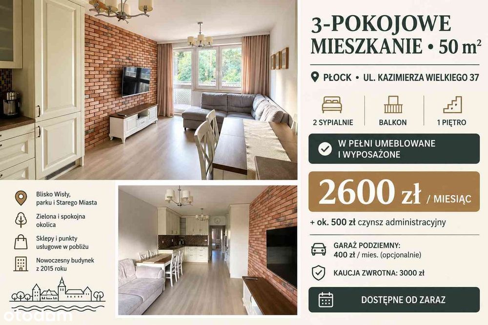 3 Pokoje | 50 M² | 2 Sypialnie | Nad Wisłą | Kazimierza Wielkiego