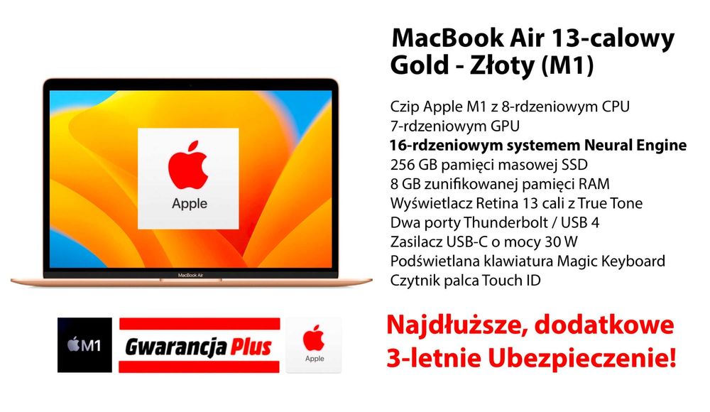 Nowy Apple MacBook Air 13 M1 16RDZ 256GB ZŁOTY DODATKI GW-3LATA! FV23%