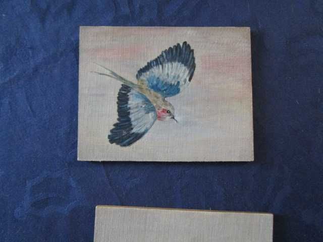 2 pequenos quadro a óleo aves passáros