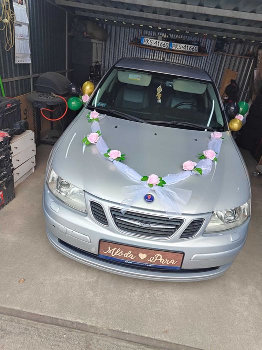 Ozdoby dekoracje ślubne na samochód - pudrowy róż, zielony liść