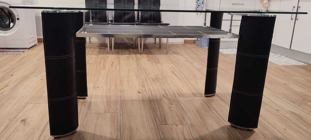 Mesa jantar e 6 cadeiras 150x90cm (vidro temperado e de couro sintétic
