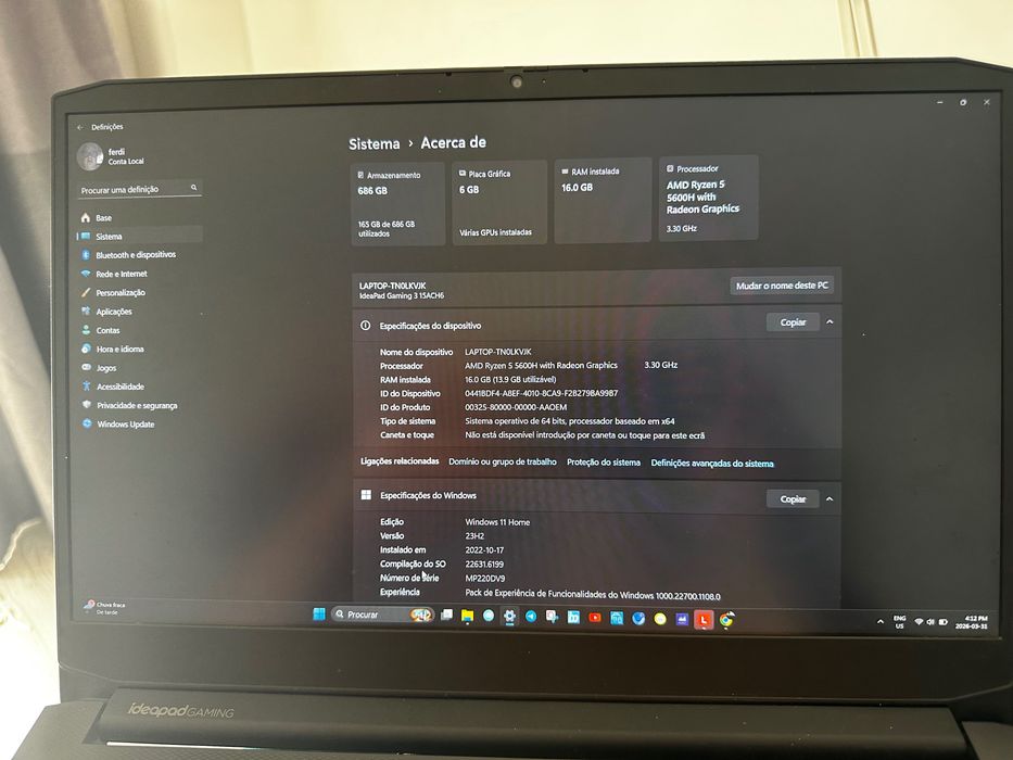 Lenovo IdeaPad Gaming 3 15ACH6-333 15,6'' R5-5600H 16GB 256GB NVME + 500 SATA SSD NVIDIA GTX1650 6GB GDDR5