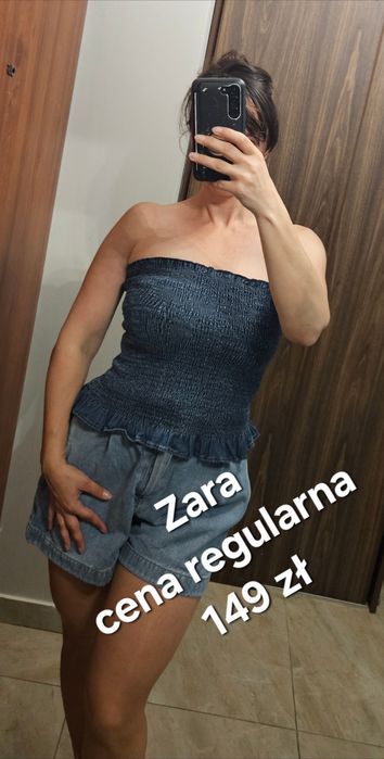 Niebieski jeansowy marszczony top Zara