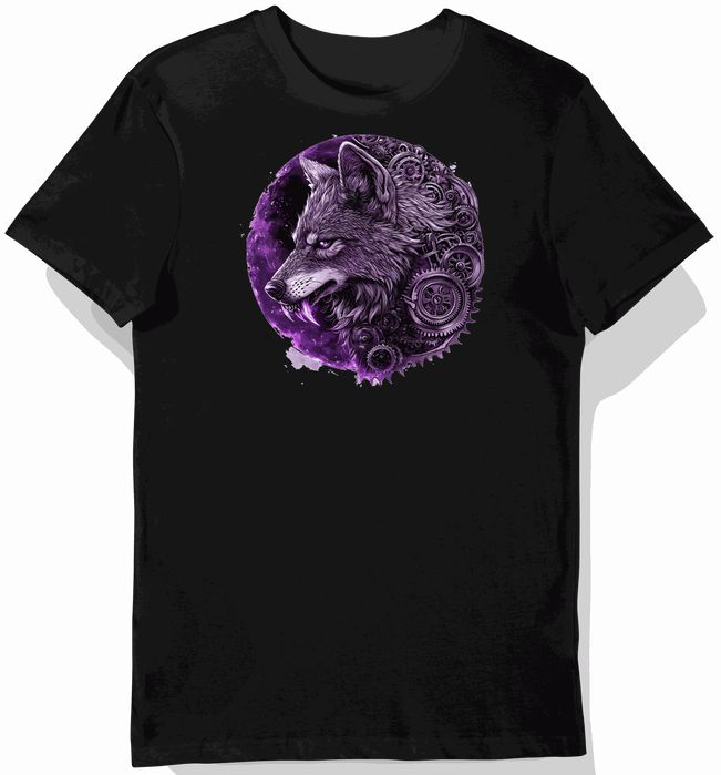 Koszulka męska czarna z motywem wilka i mechanizmu XXL