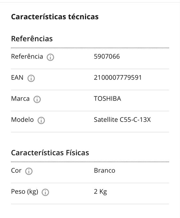 Portatil toshiba satelite c55-c-13x branco