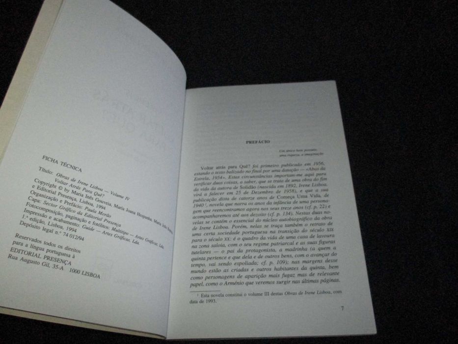 Livro Voltar Atrás para Quê? Irene Lisboa
