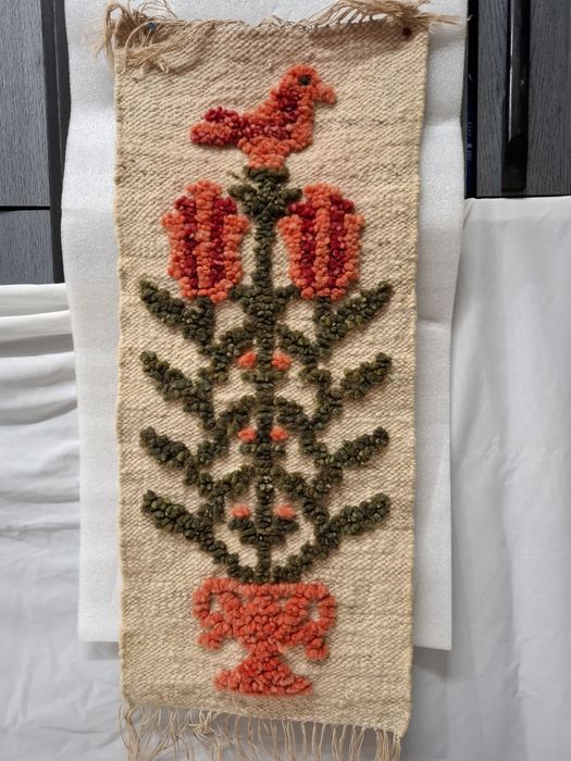 Kilim wełniany ptaszek na kwiatku prl