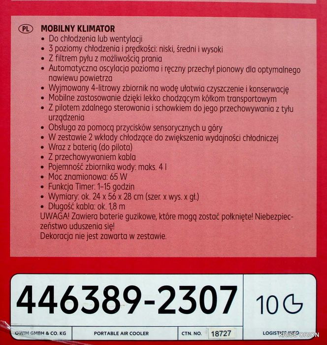 Klimatyzer - SWITCH ON - Przenośny Klimatyzer - Pilot - 65W - NOWY