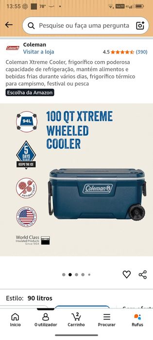 Geleira Coleman Xtreme 90 L com rodas – nova na caixa