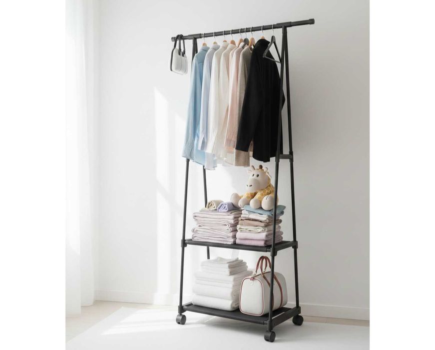 NOWY Wieszak Stojący na Ubrania Kółka Półki Trójkątny Metalowy Czarny