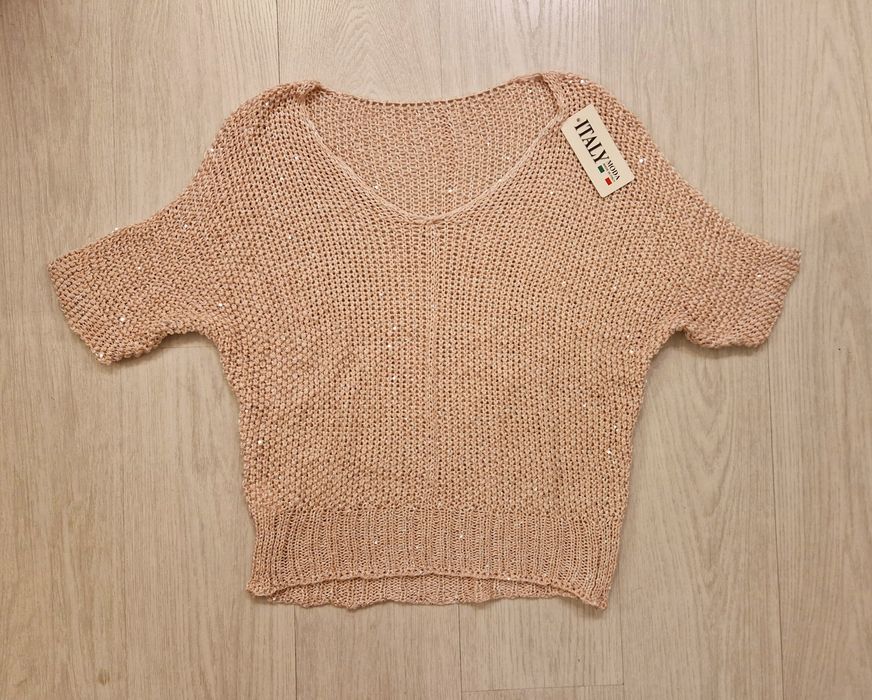 Sweter sweterek siatka siateczka różowy pudrowy srebrna nitka cekiny