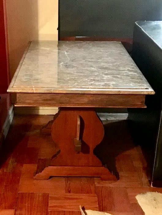 MESA de PEDRA e MOGNO maciço - antiga - 103x55x51 cm/s