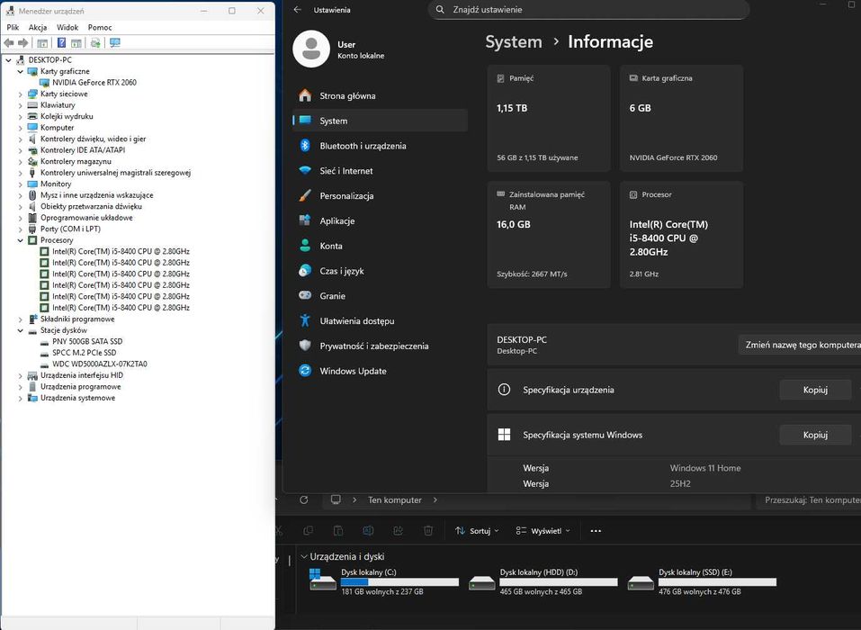 Komputer Gamingowy i5-8400, RTX2060 6 GB, 16 GB, DYSK 256+500+500GB