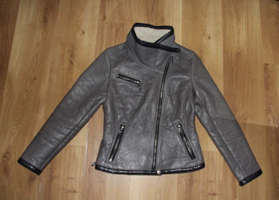 KOŻUCH OCHNIK skóra naturalna OWCZA szara czarna kurtka ramoneska 36 s