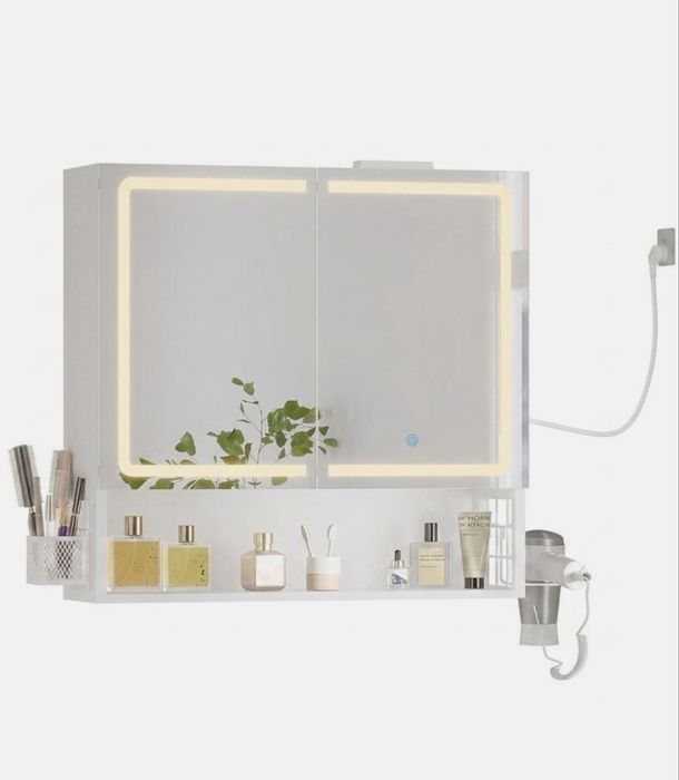 Nowa szafka łazienkowa z lustrem LED 90 cm – biała, wisząca
