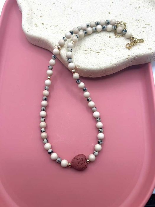 Naszyjnik handmade ~ kamień rzeczny ~ serce lawa ~ jaspis dalmatyński ~ hematyt