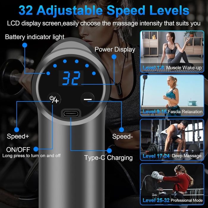 [Novo] Pistola de massagem muscular elétrica, 32 Vel