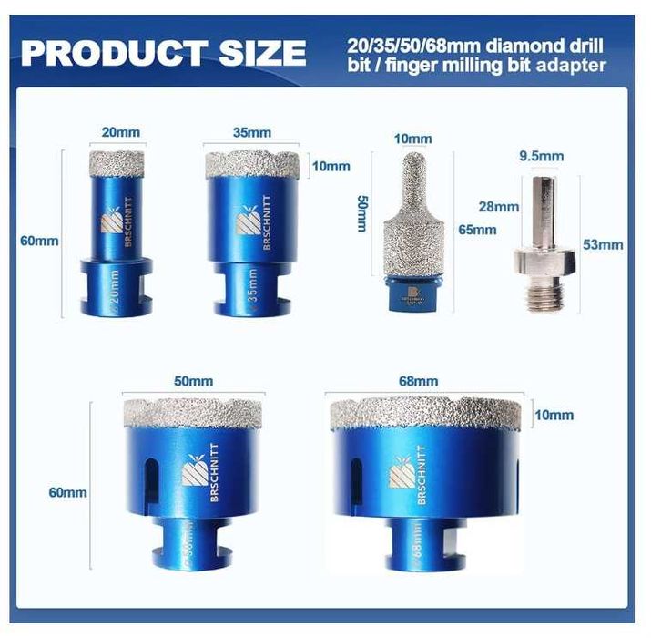 Zestaw 5 otwornic diamentowych do gresu M14 + adapter BRSCHNITT