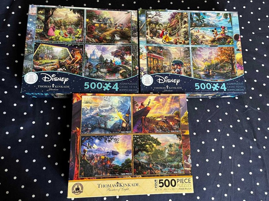 Puzzle Schmidt - Disney por Thomas Kinkade: 1000 peças; 4x 500 peças (Pequena Sereia, Aristogatos, Pocahontas, 101 Dálmatas, Rei Leão, Peter Pan)