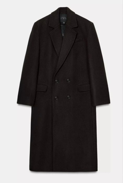 Czekoladowy, brązowy, gruby płaszcz winter coat oversize wełniany wełna wool Zara M