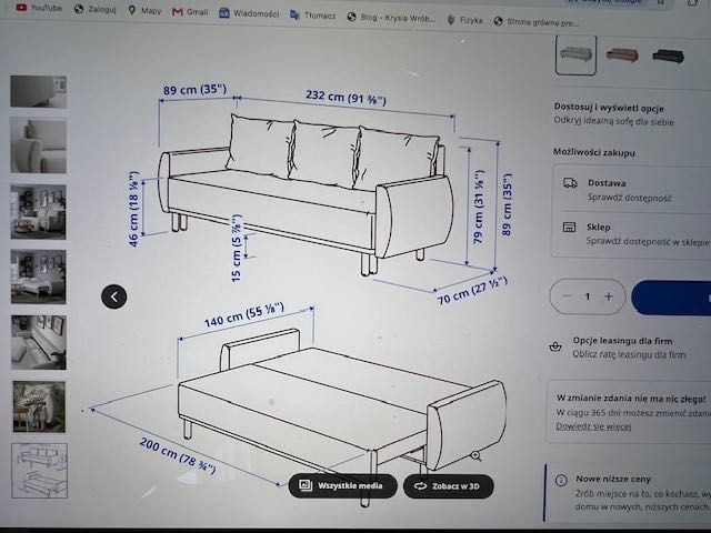 Sofa - 3 osobowa z funkcją spania wraz z fotelem