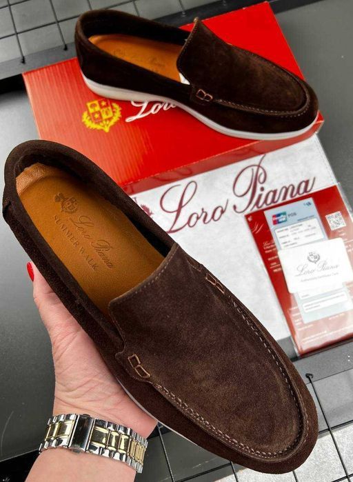 Чоловічі лофери Loro Piana, натуральна замша, коричневі, гнучка гумова підошва, Китай, розміри 40-45