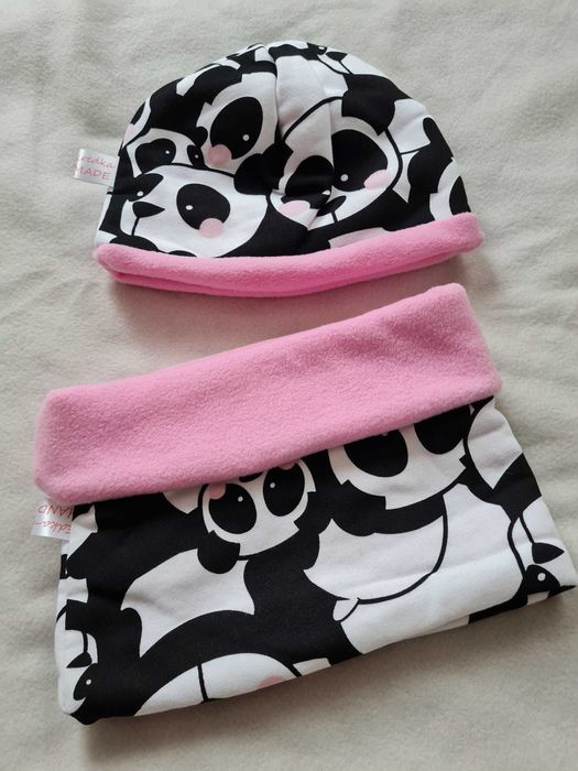 Czapka i komin,panda,bawełna,polar,rękodzieło