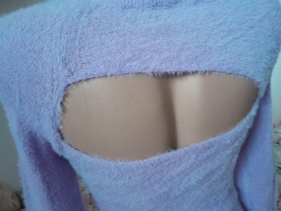Liliowy sweter sweterek wycięcie na plecach XS 34