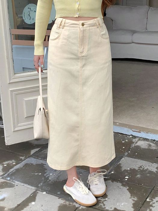 Spódnica  Jeansowa Maxi Bawełniana Prosta Beżowa Dazy Xs 34