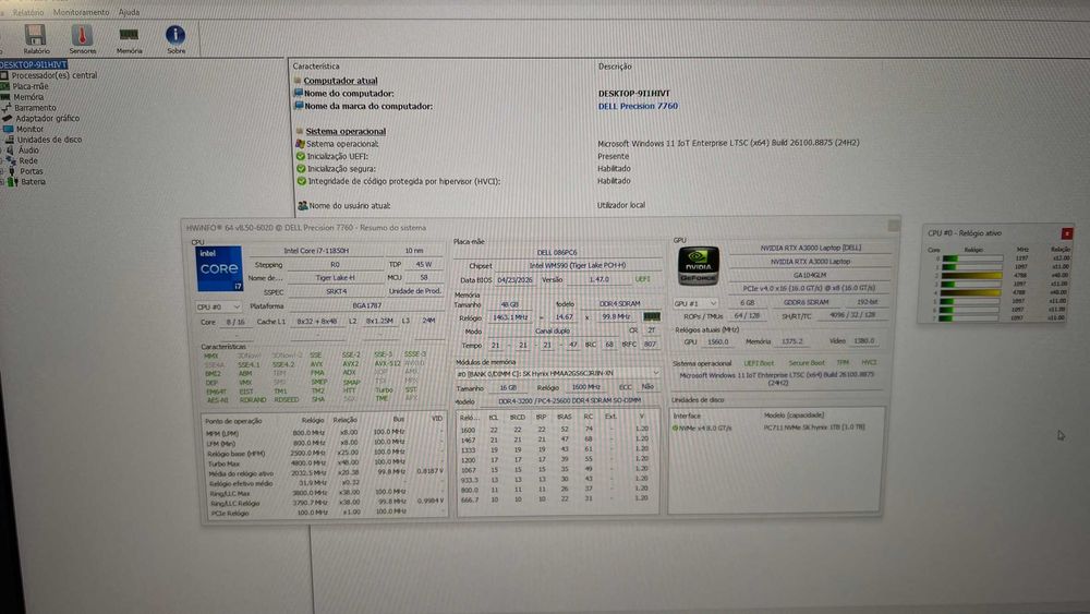 Portátil Dell Precision 7760 | i7-11850H | 48GB RAM | SSD 1TB | NVIDIA RTX A3000 | 17.3" IPS FHD | Win 11 LTSC |Workstation Notebook Gama Profissional
