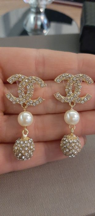 Przepiękne, złote, wiszące kolczyki cc kryształki i peeła Cudo lv ysl
