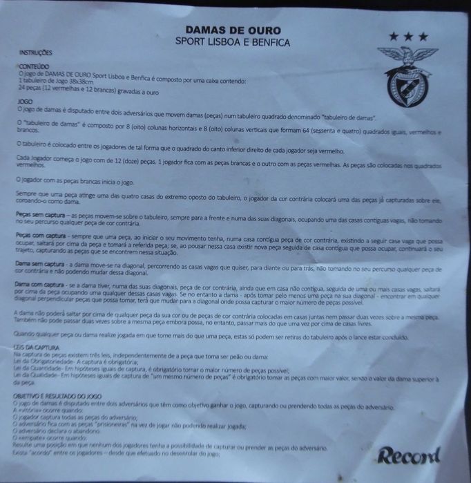 Jogo de Damas do Benfica para Colecionadores como novo.