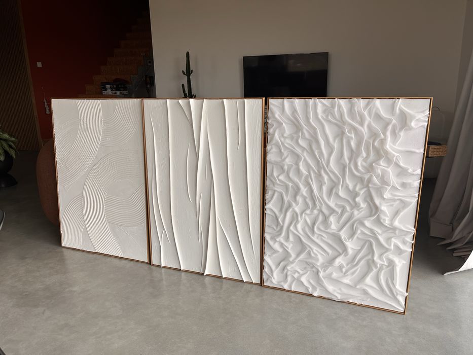 Obrazy strukturalne minimalizm japandi w drewnianej oprawie recznie robione 3 sztuki