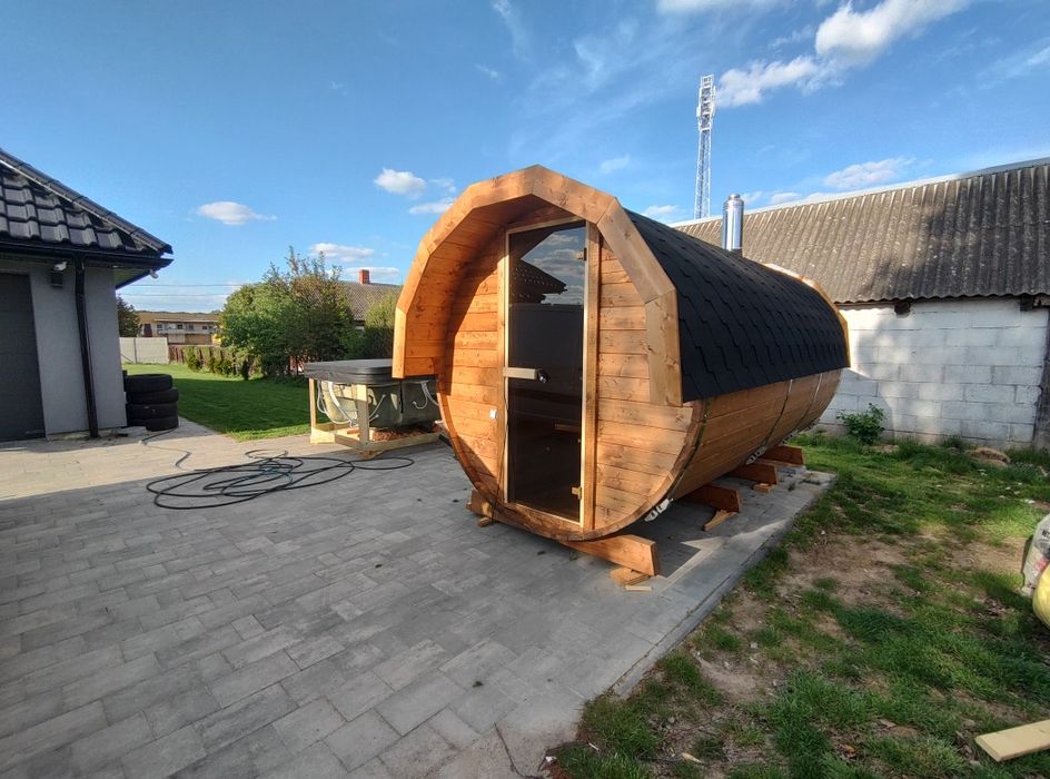 Sauna ogrodowa Beczka (Z przedsionkiem) 420 cm !! Piec na drewno !!