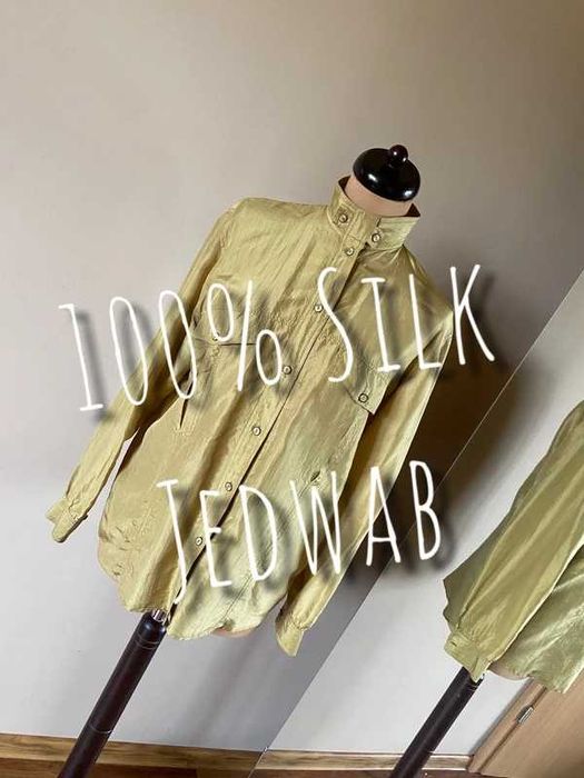 Jedwabna koszula oversize s m 36 38 zloty khaki kieszenie silk