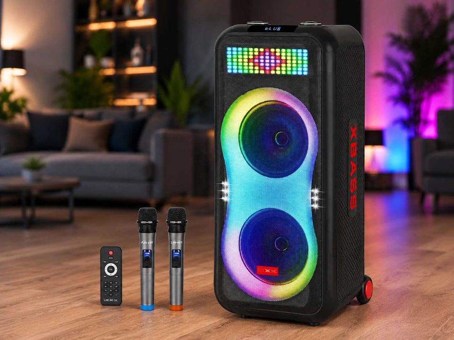 Потужна караоке колонка 400Вт з 2 мікрофонами Bluetooth акустика для свят. Караоке колонка з мікрофонами. Велика блютуз колонка валіза