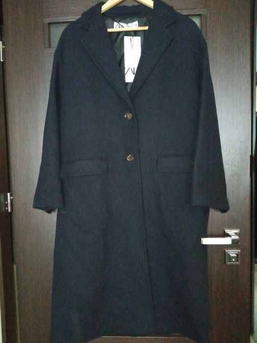 ZARA wełna XS-S jak M-L nowy płaszcz 51% granatowy oversize