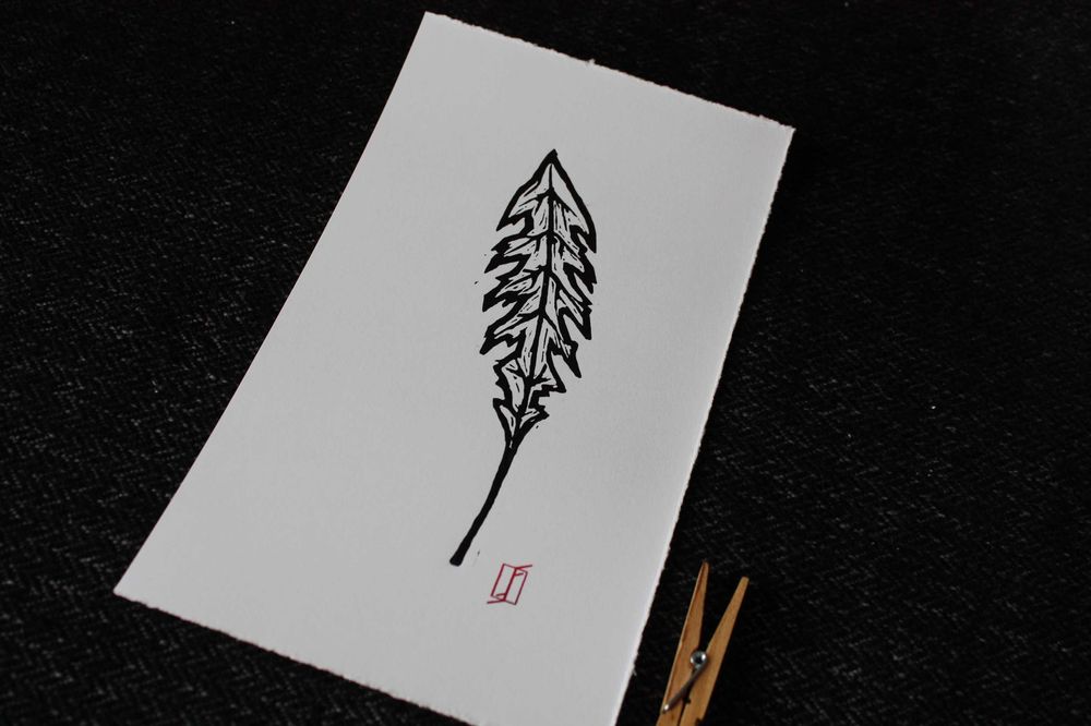 Linoryt, grafika artystyczna / warsztatowa – Liść mniszka no. 1