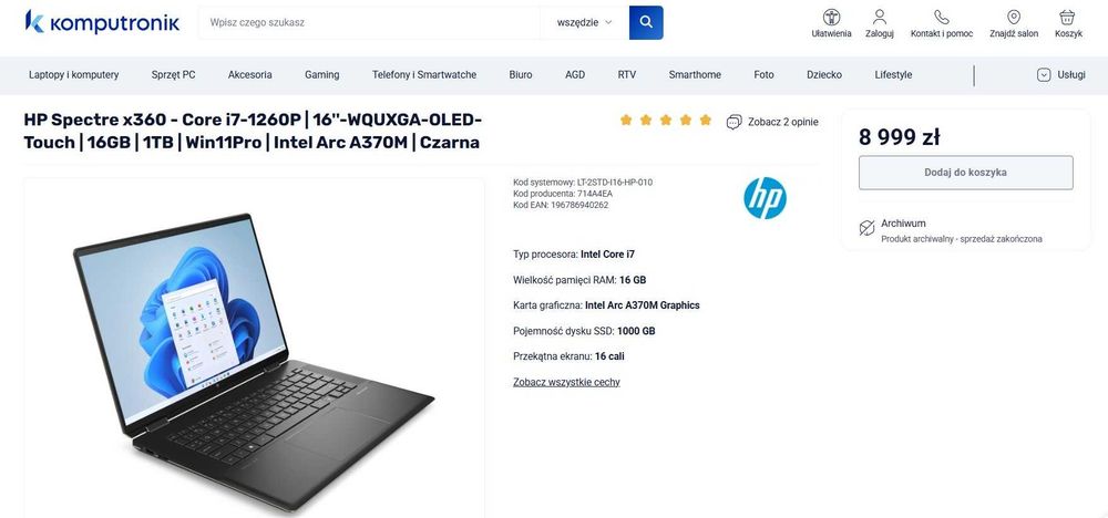 HP Spectre x360-Core i7-1260P/16"4K-OLED-Touch/16GB/1TB Intel Arc A370