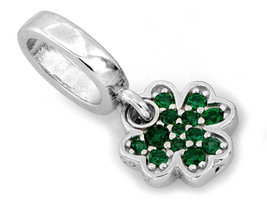 Zawieszka srebrna 925 charms koniczynka z zielonymi cyrkoniami