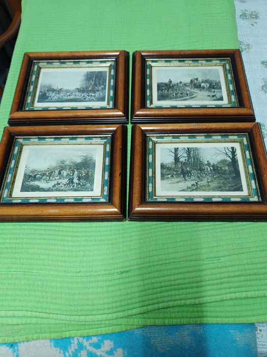 4 quadros motivos de caça gravados no próprio quadro