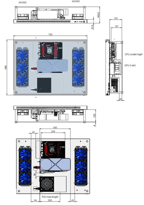 Otwarta obudowa PC na ścianę, szkło hartowane, 2 x AIO 360 potężna