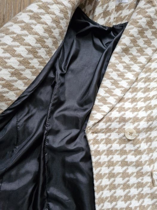 Пальто пряме в гусячу лапку бежеве Romashka розмір S з шерстю