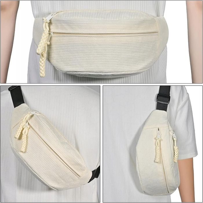 Nerka Saszetka Damska Męska Ecru Pojemna Podróżna Biodrowa Sztruksowa