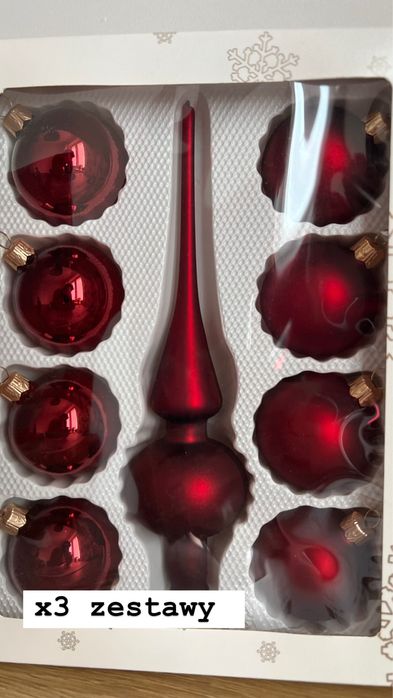 Komplet 8 bombek szklanych i czub 26 cm fi 60mm - czerwone