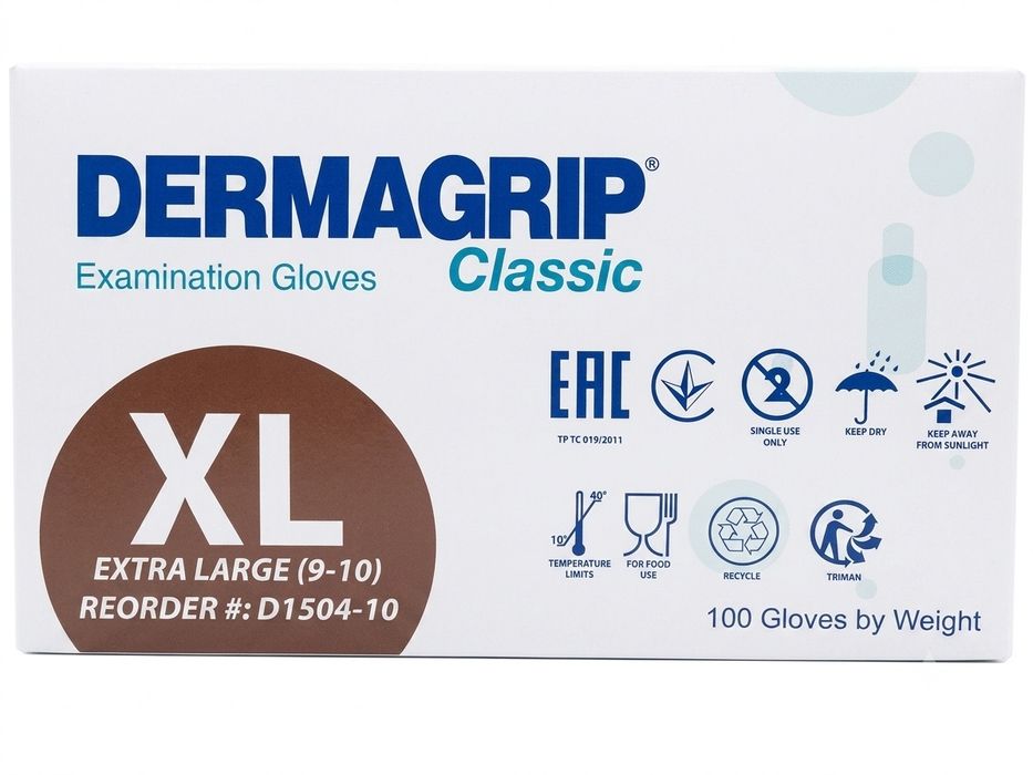 Перчатки медичні Dermagrip Classic XL, латексні, без пудри, 100 шт.